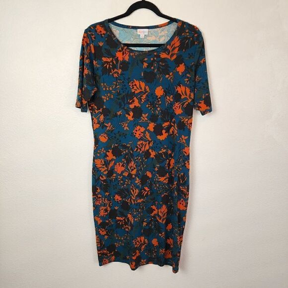 LuLaRoe Julia Blue Black Orange Floral Print Dress Size Large - Picture 1 of 12